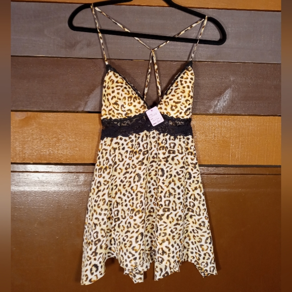 Sexy Small Cinema cheetah Print With Black Lace Padded Cup Babydoll lingerie